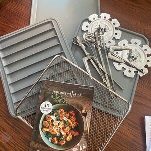 Pampered Chef deluxe air fryer accessories- trays, skewer set, and cookbook